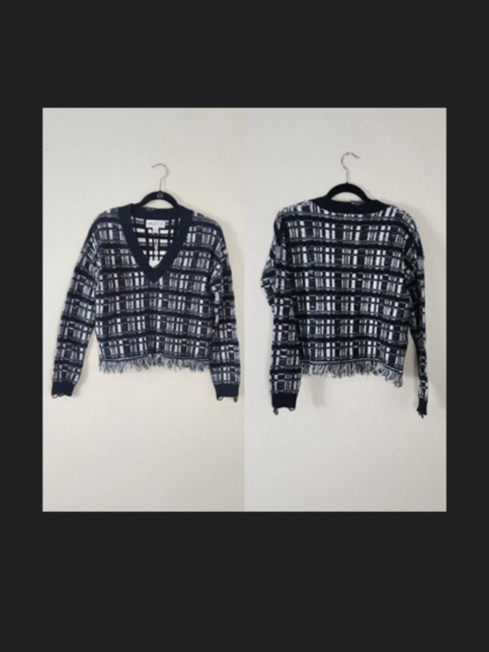 Wildfox Reese Ritzy Fringe Sweater Black White Knit Womens M NWT